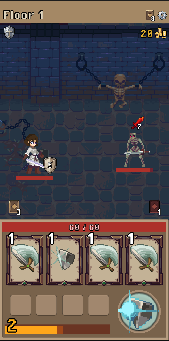 Dungeon Heroes combat: four cycling card slots, energy meter, floor and currency counters, an enemy mid-tell